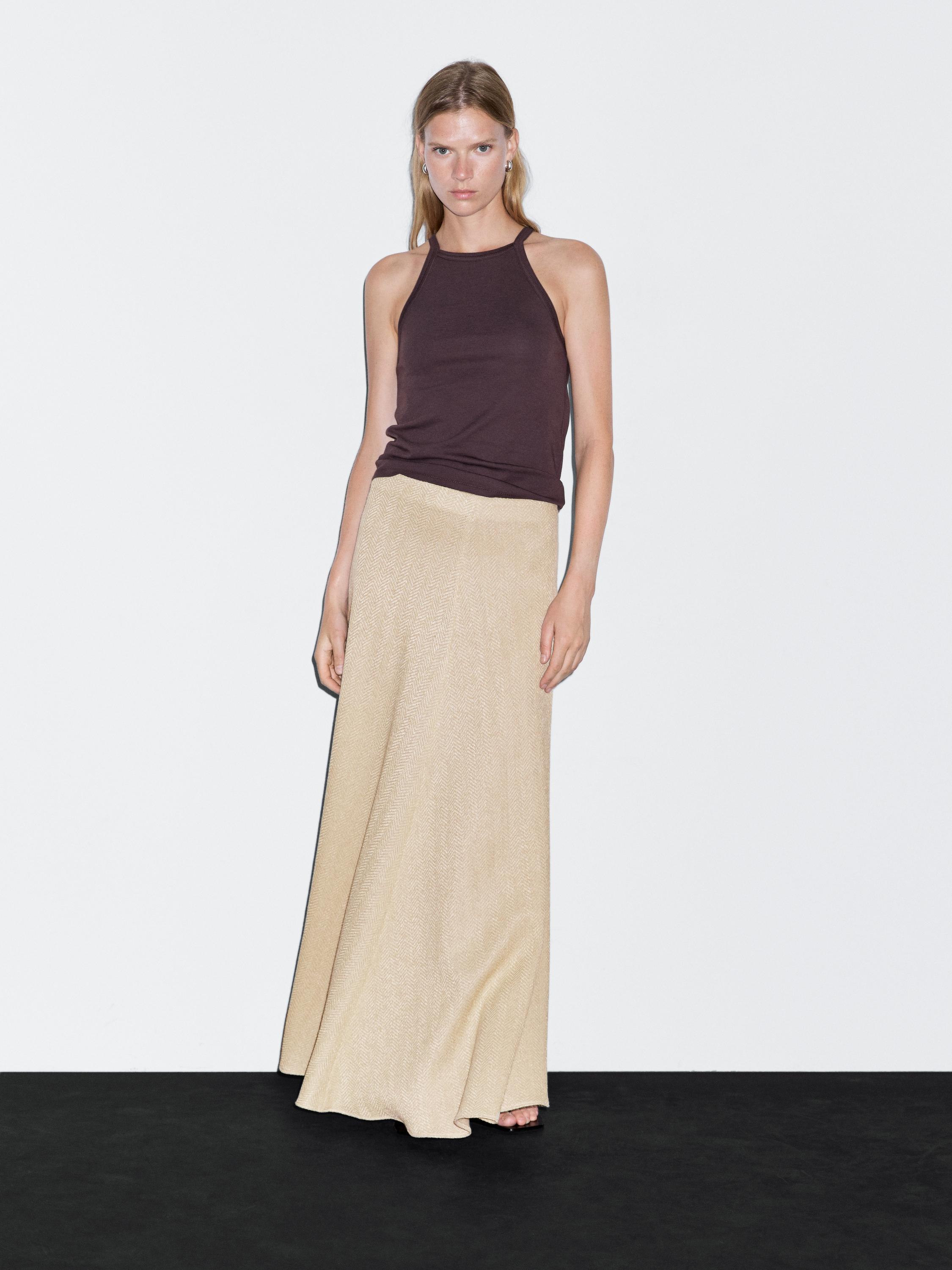 Long herringbone cotton blend skirt